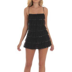 Lucy in the Sky Mesh Sequin Ruffles Dress in Black